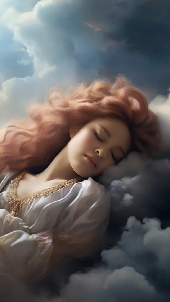 a painting of a woman sleeping on a cloud