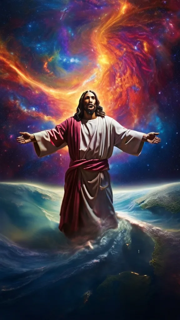 jesus standing in the water with his arms outstretched