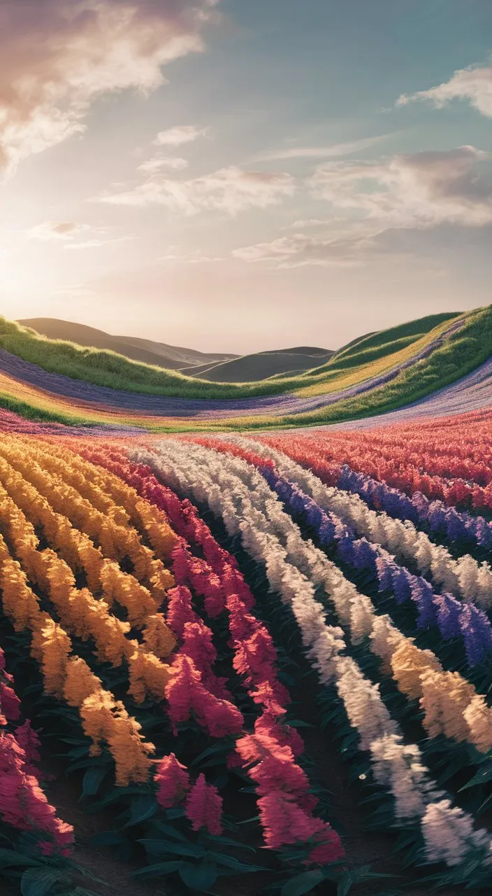 The camera pans out to reveal a breathtaking landscape filled with fields of blooming flowers, swaying gently in the breeze, as the sun casts a warm, golden glow over the scene, symbolizing the beauty and abundance of nature's cycles.