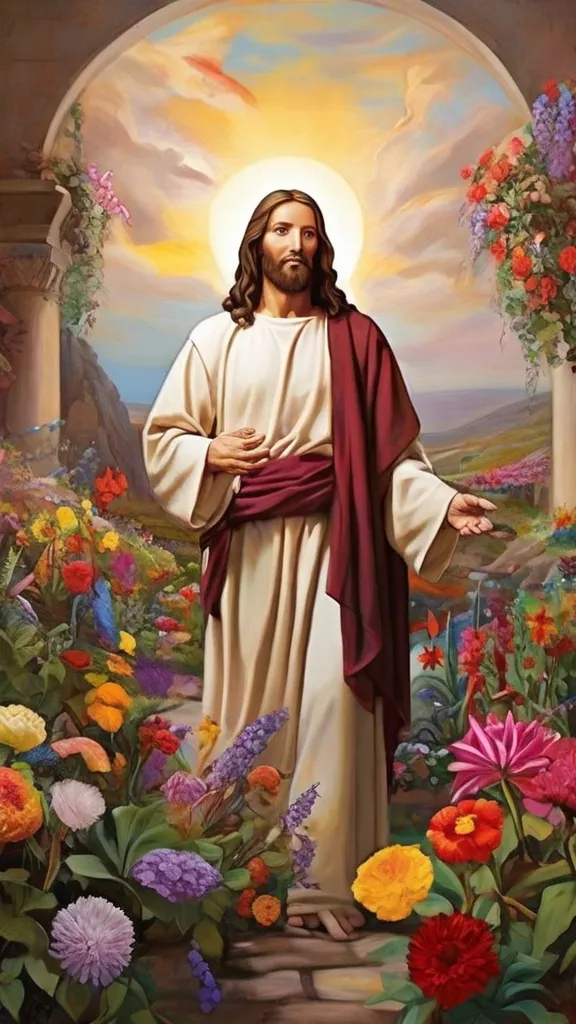 a painting of jesus surrounded by flowers