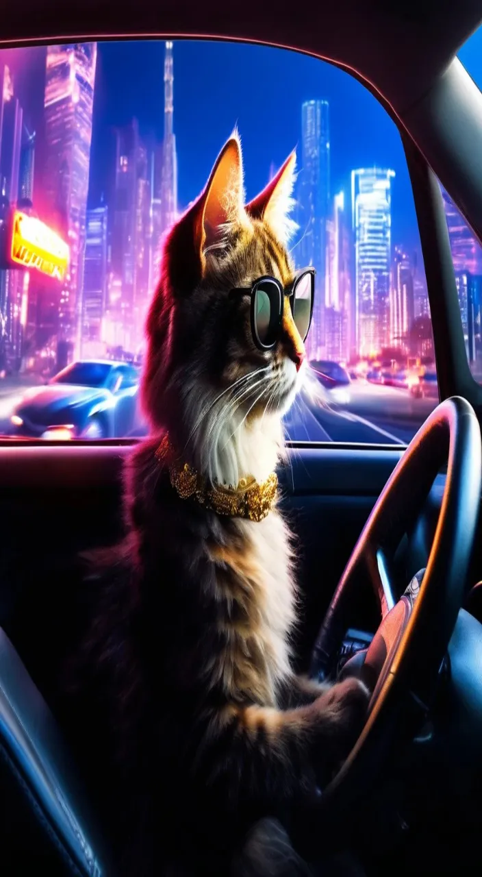 a cat wearing glasses sitting in the drivers seat of a car