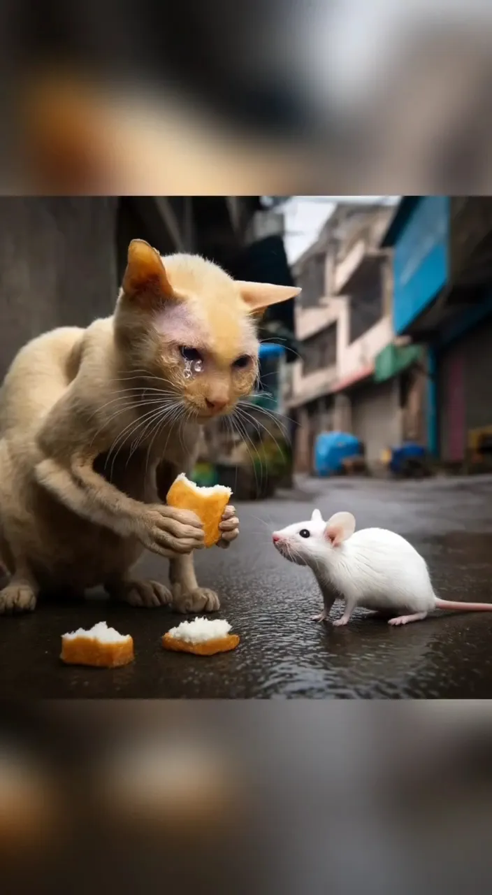 a cat eating a piece of food next to a mouse