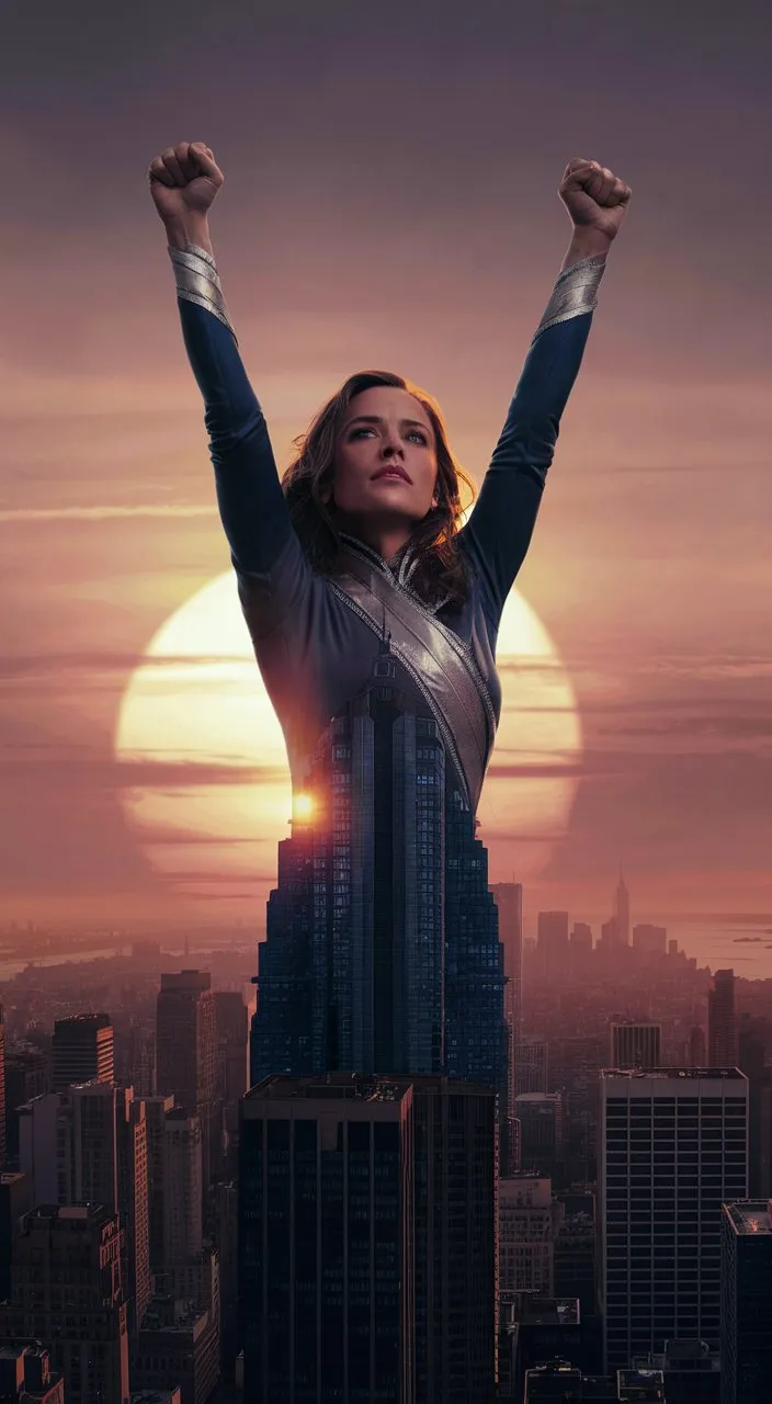 The climax of the video occurs as the woman protagonist reaches the rooftop of a towering building, her silhouette outlined against the setting sun. With a triumphant expression, she raises her arms in the air, symbolizing her ascent to "queen supreme" and her unwavering pursuit of her dreams.