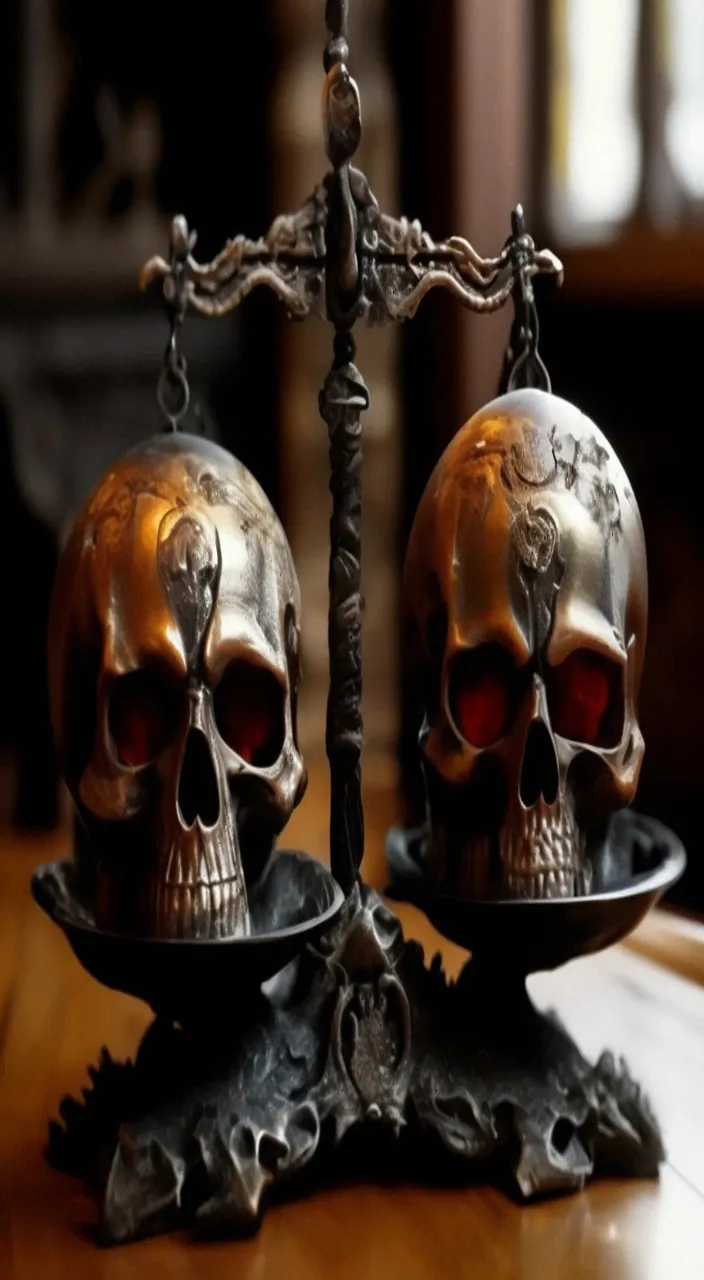 a pair of skulls sitting on top of a scale