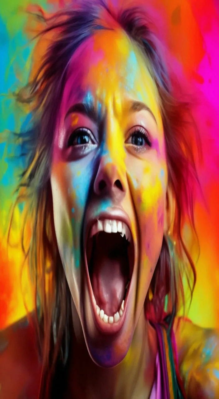 a woman with her mouth open and painted in bright colors, не изменять черты лица и рта у девушки и глаз