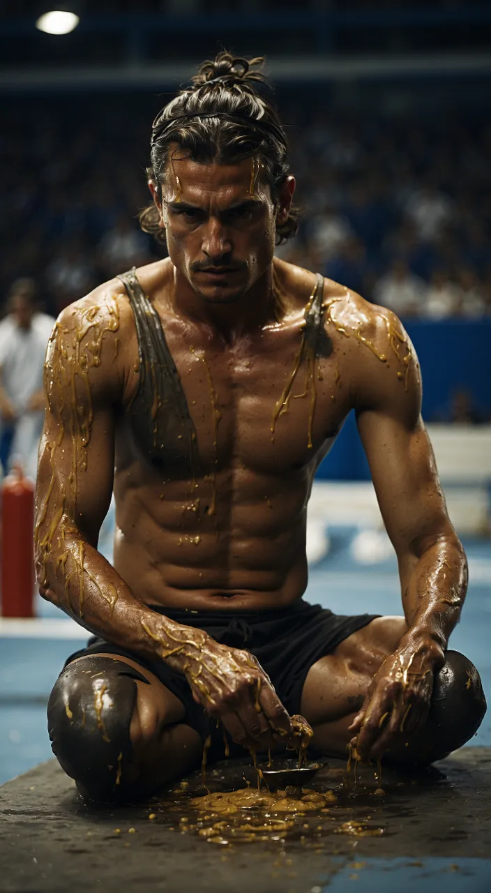 a man sitting on the ground covered in mud