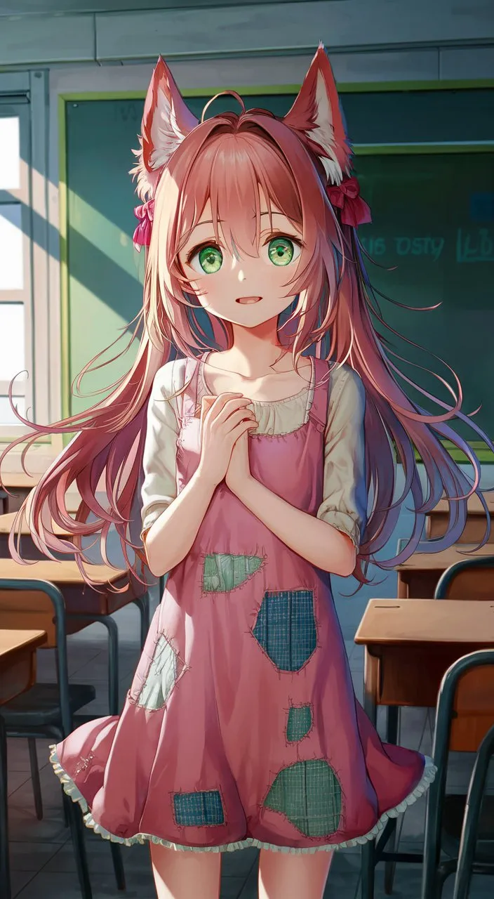 a girl in a pink dress standing in front of a table