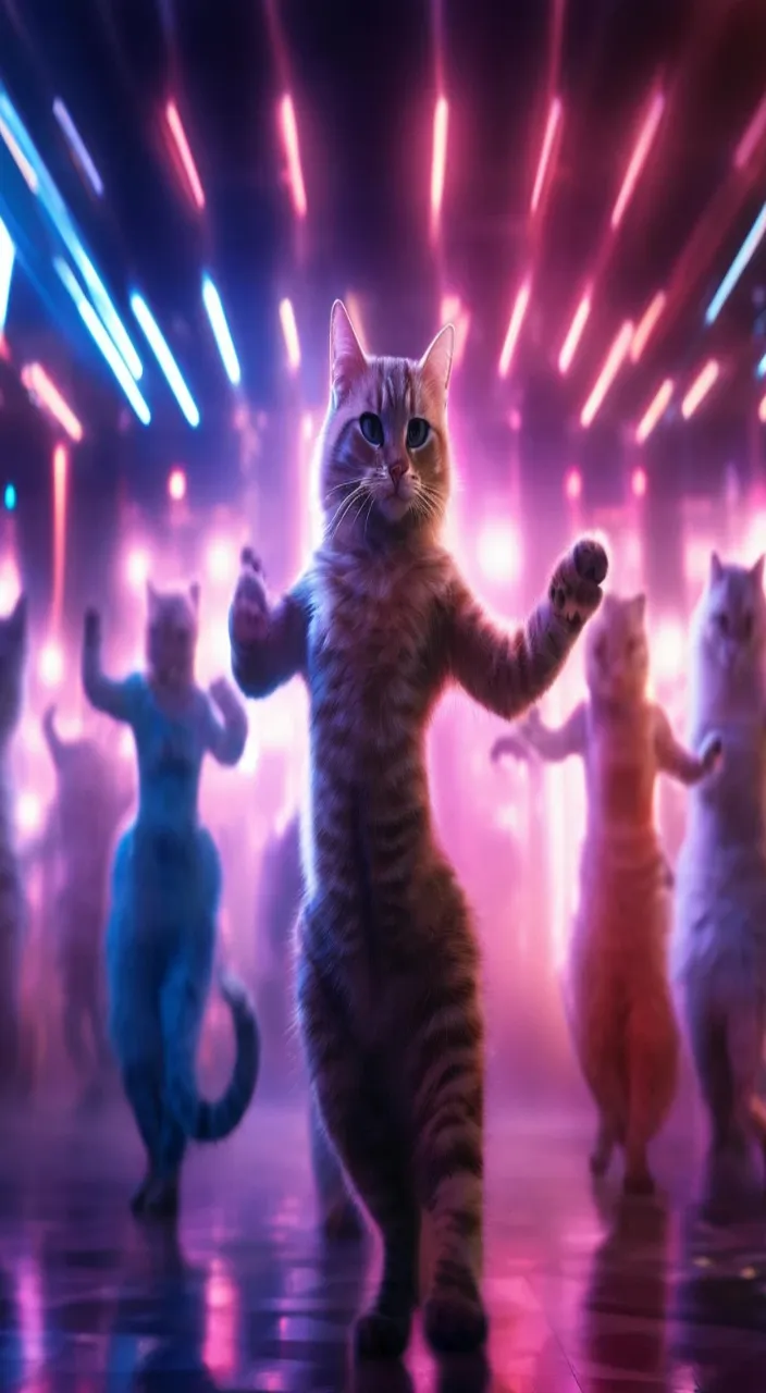 a group of cats dancing in front of fireworks