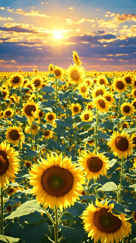 a field of sunflowers with the sun setting in the background