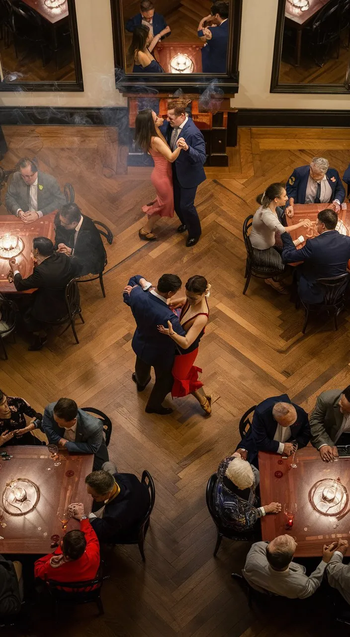 Overhead view of an elegant milonga.Ambience: Soft lighting, candles on tables, polished wooden floor.People: Couples dancing tango, other couples sitting at tables, chatting.Details: Light smoke in the air, glasses of wine on the tables, mirrors on the walls reflecting the scene.