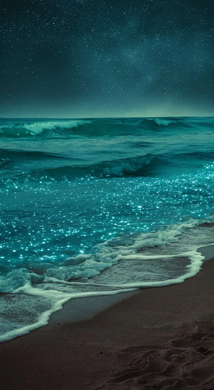 a beach with waves and stars in the sky