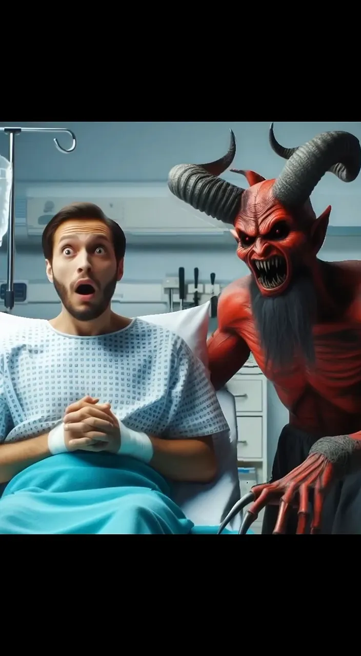 a man sitting in a hospital bed next to a demon