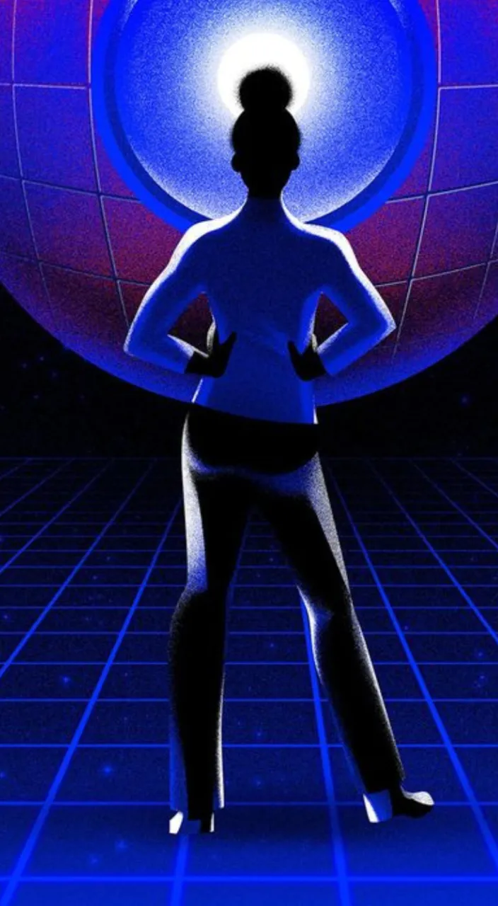 a woman standing in front of a blue ball