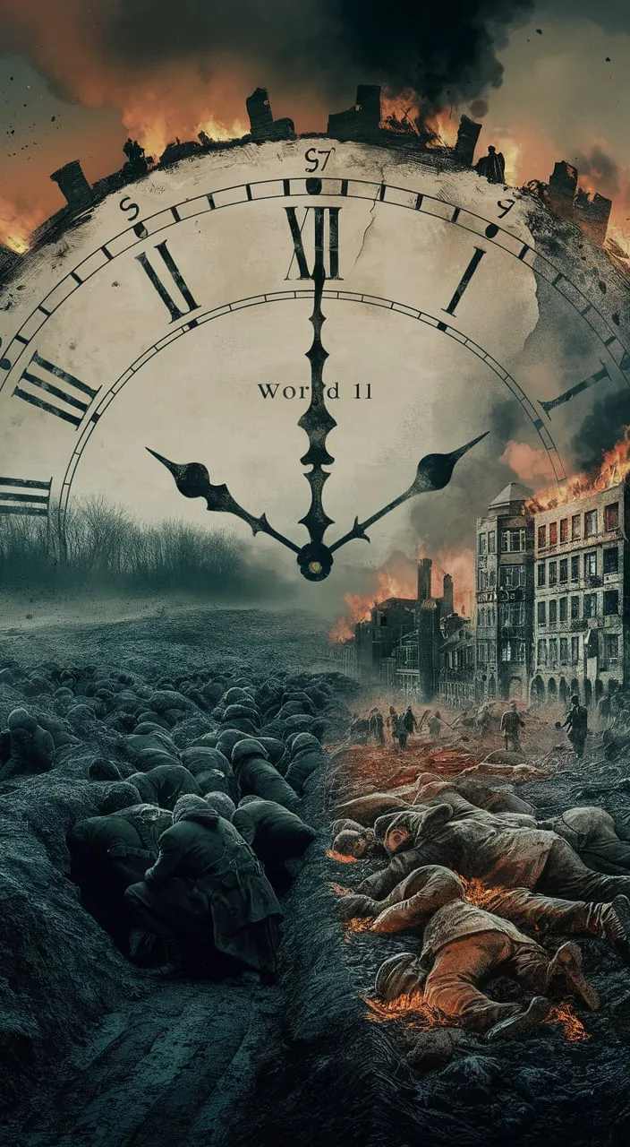 a large clock surrounded by a group of dead people