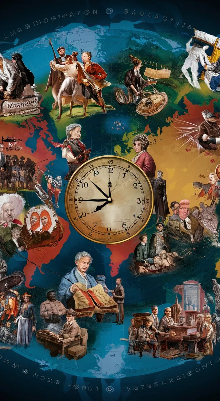 a world map with a clock surrounded by people