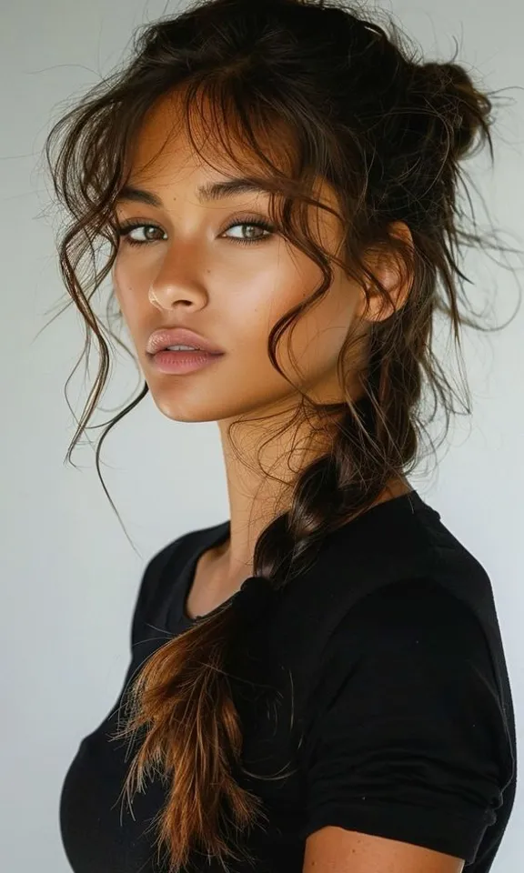 a woman with long hair wearing a black shirt