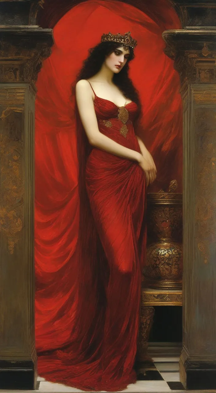 A dimly lit room. Salome, dressed in a flowing, crimson gown, stands alone, her eyes filled with a dangerous allure.