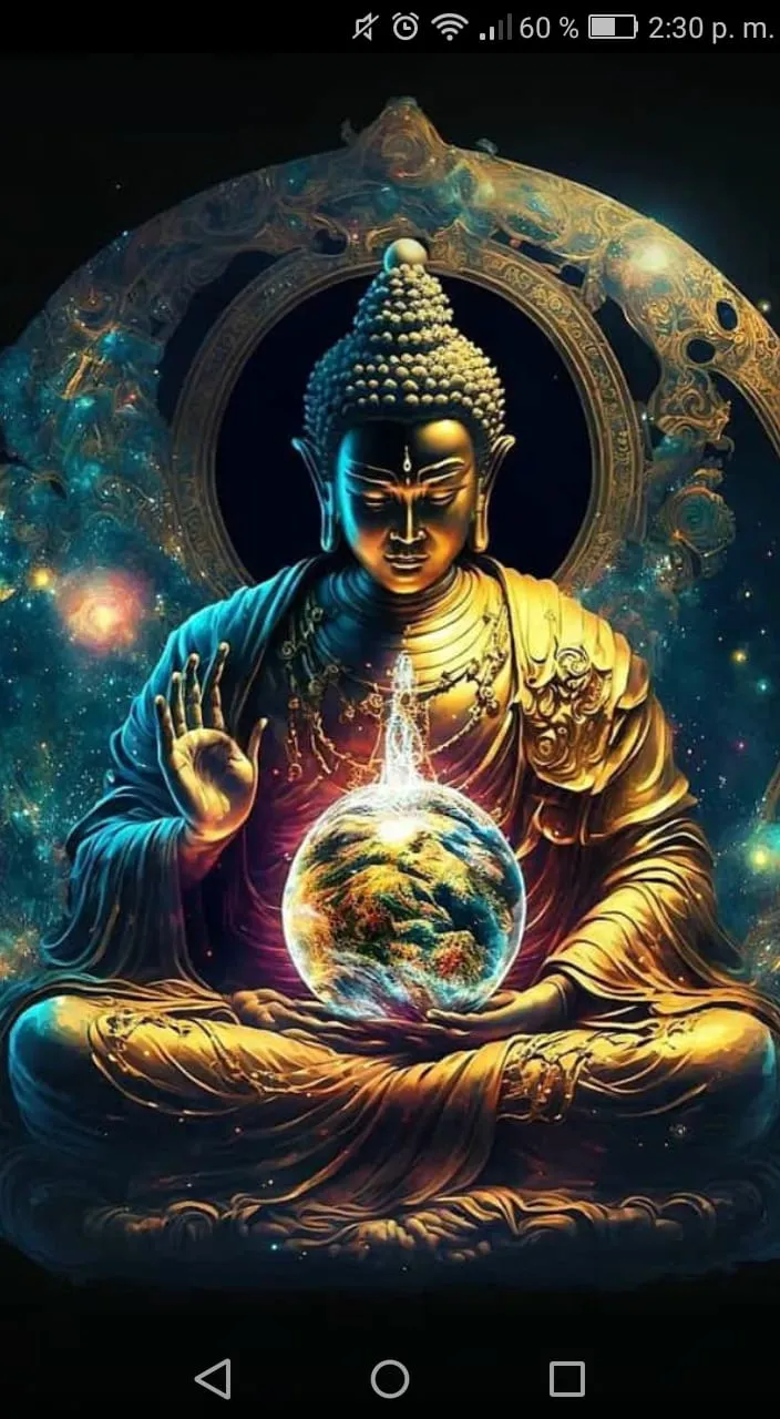 a buddha statue sitting in front of a globe