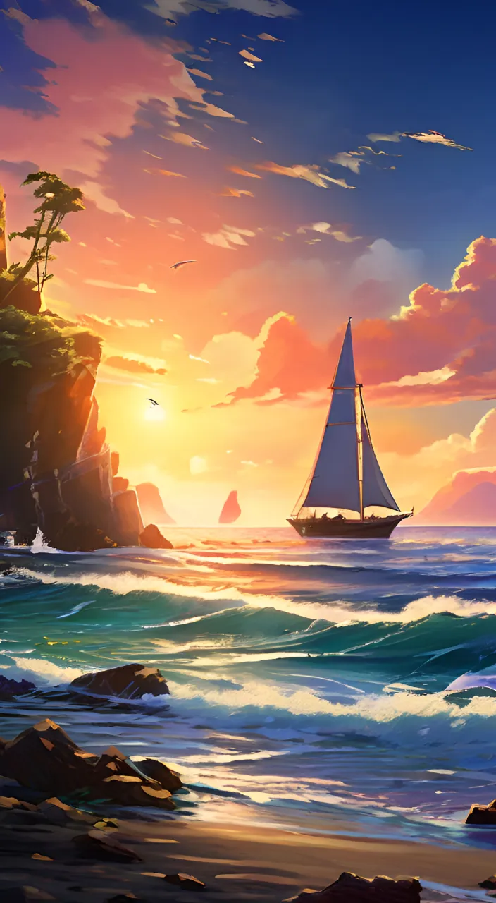 a painting of a sailboat in the ocean at sunset