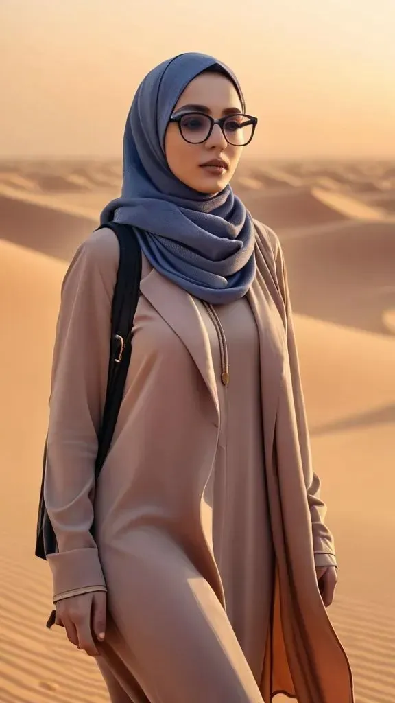 a woman in a hijab walking in the desert