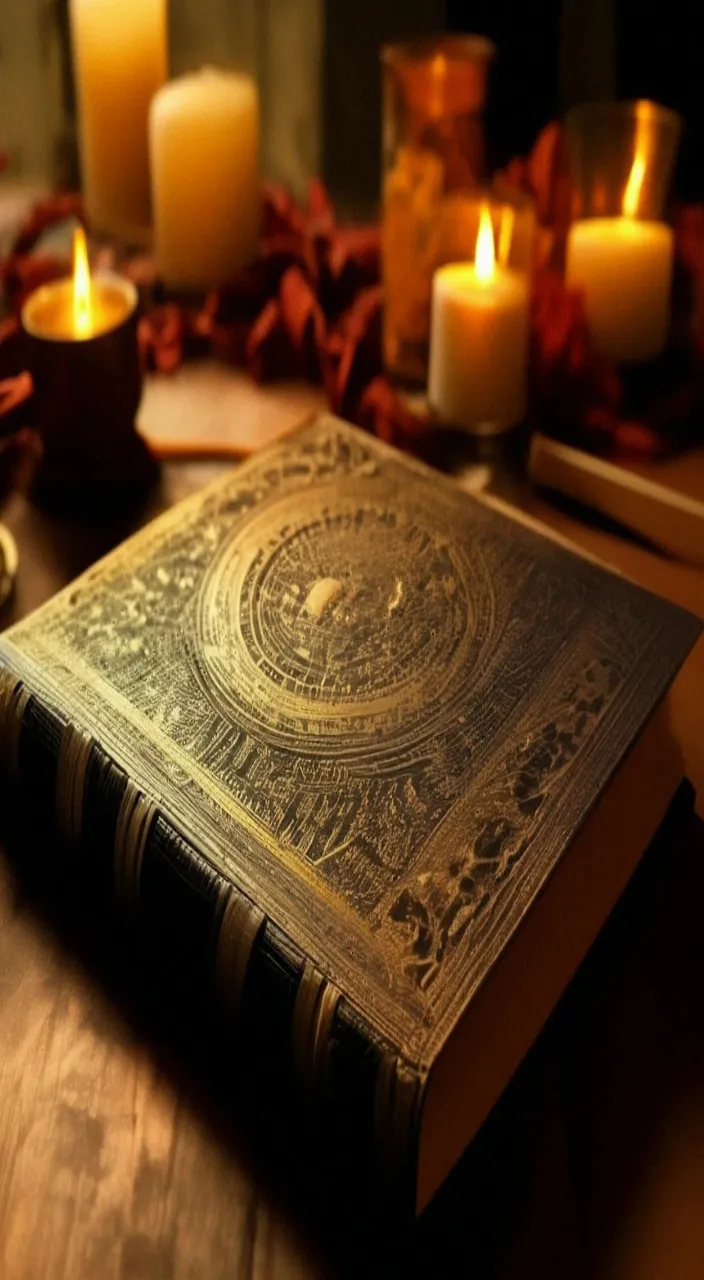 a book sitting on top of a wooden table next to candles