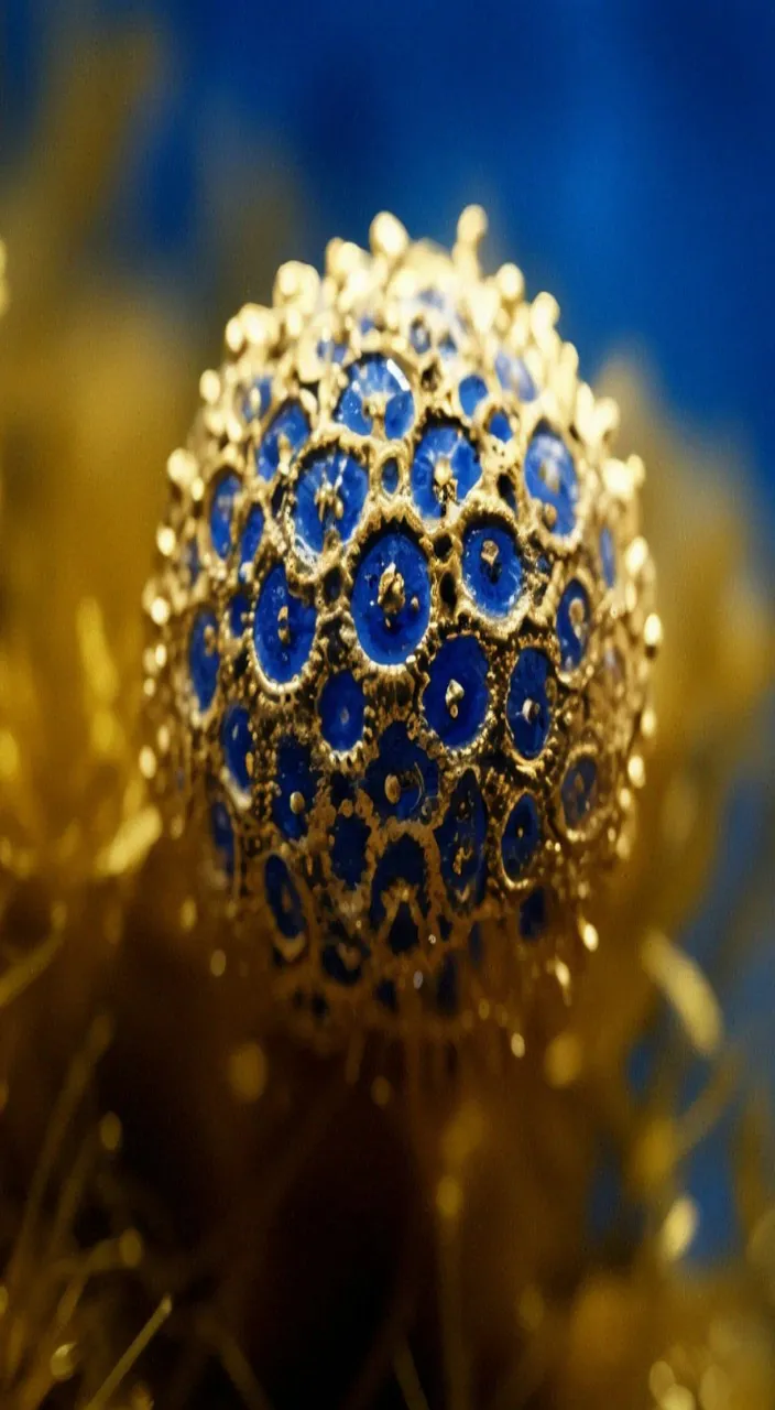 a close up of a blue and gold object