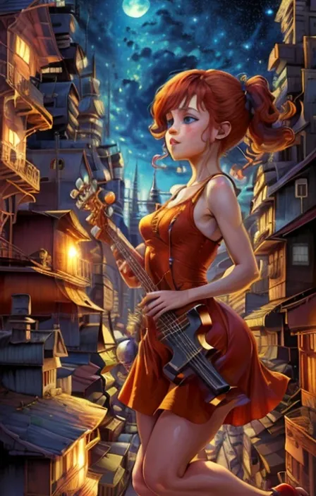 a painting of a girl playing a guitar with the city behind her on a starry night standing on a roof.