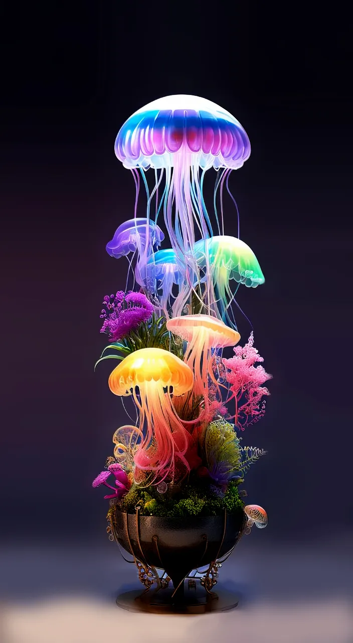 a group of jellyfish floating in a bowl filled with plants