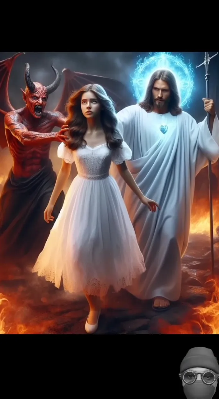 a woman in a white dress standing next to a demon