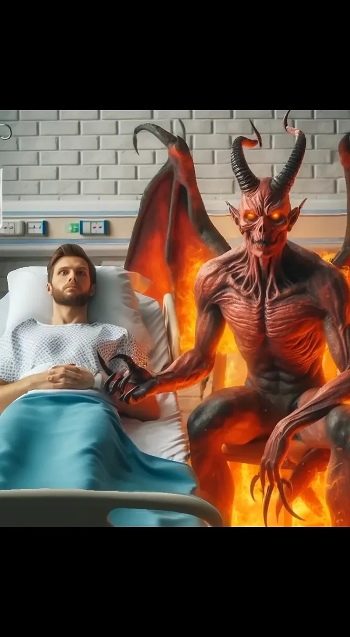 a man laying in a hospital bed next to a demon