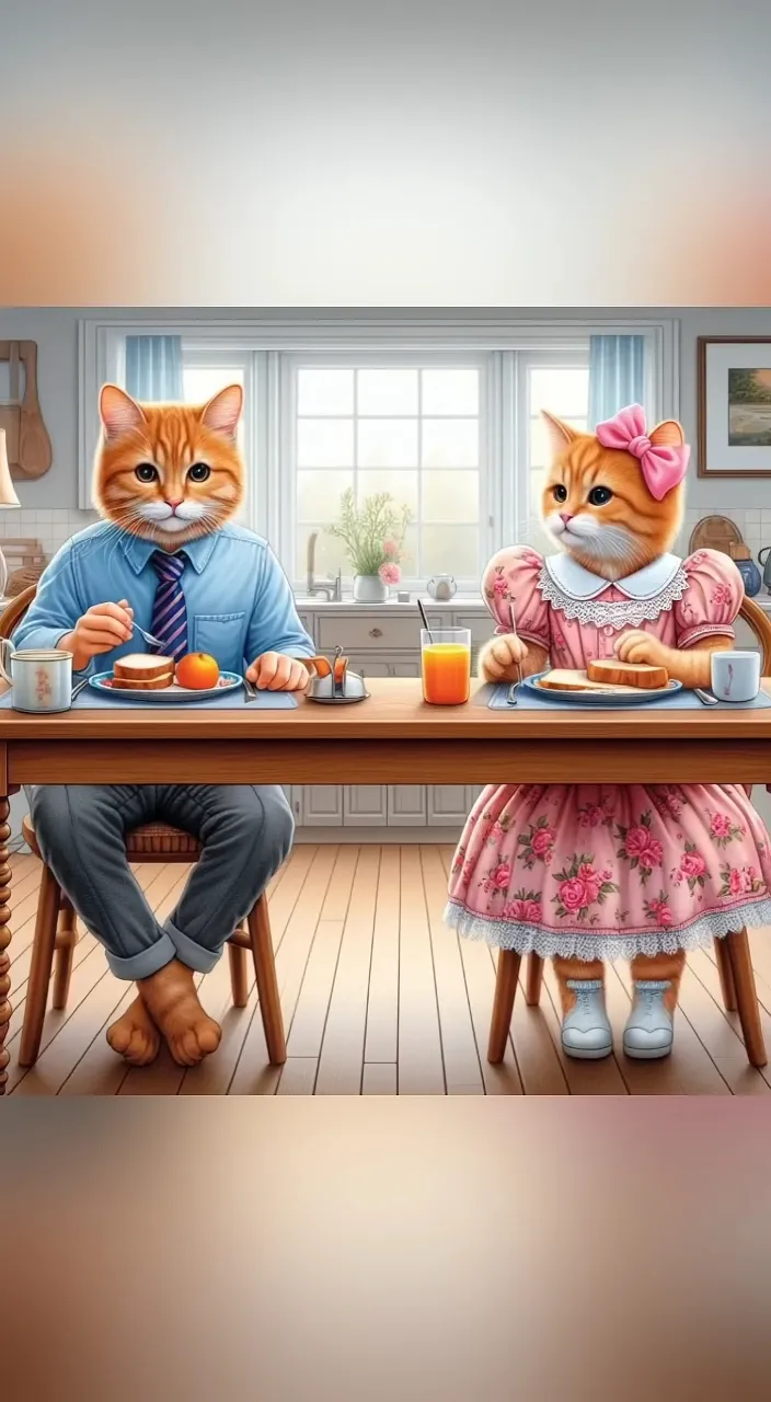 a couple of cats sitting at a table eating food