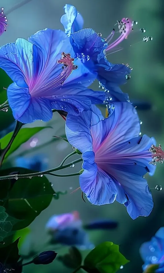 a blue flower with water droplets on it