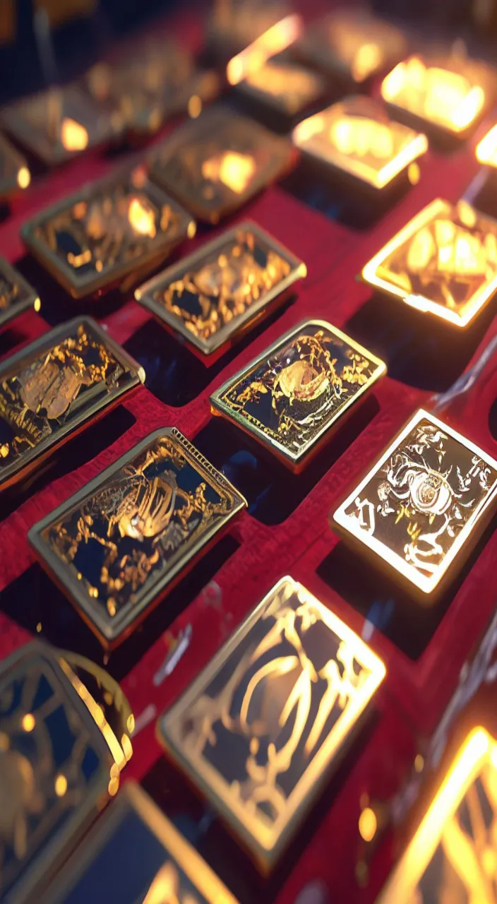 a red table topped with lots of gold playing cards