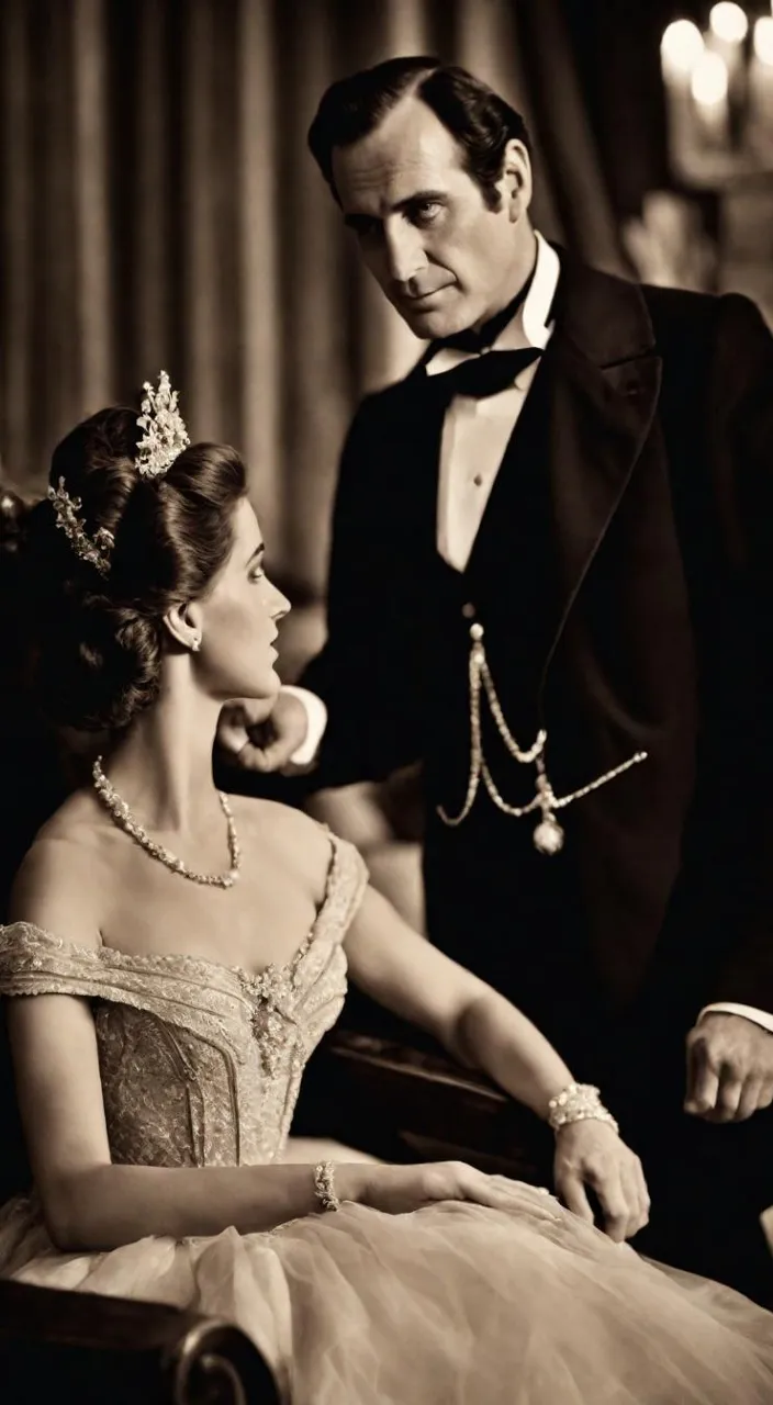 a man in a tuxedo standing next to a woman in a gown