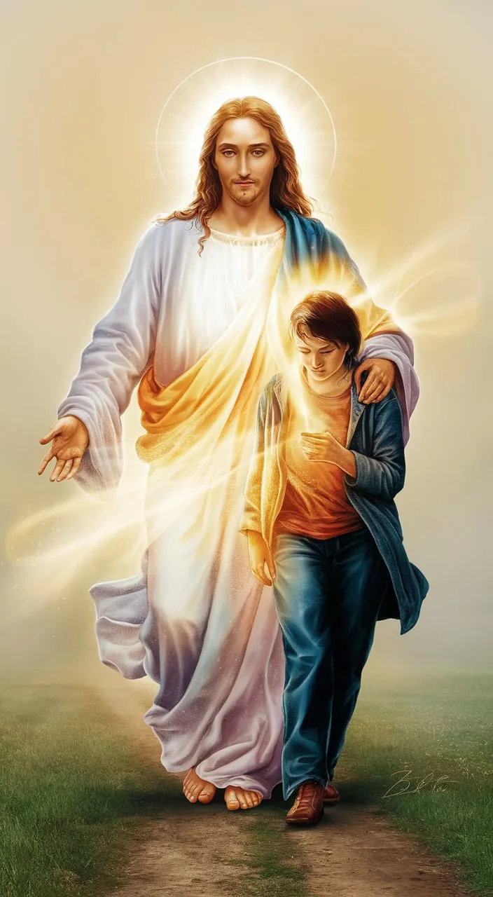 a painting of jesus holding the hand of a young boy