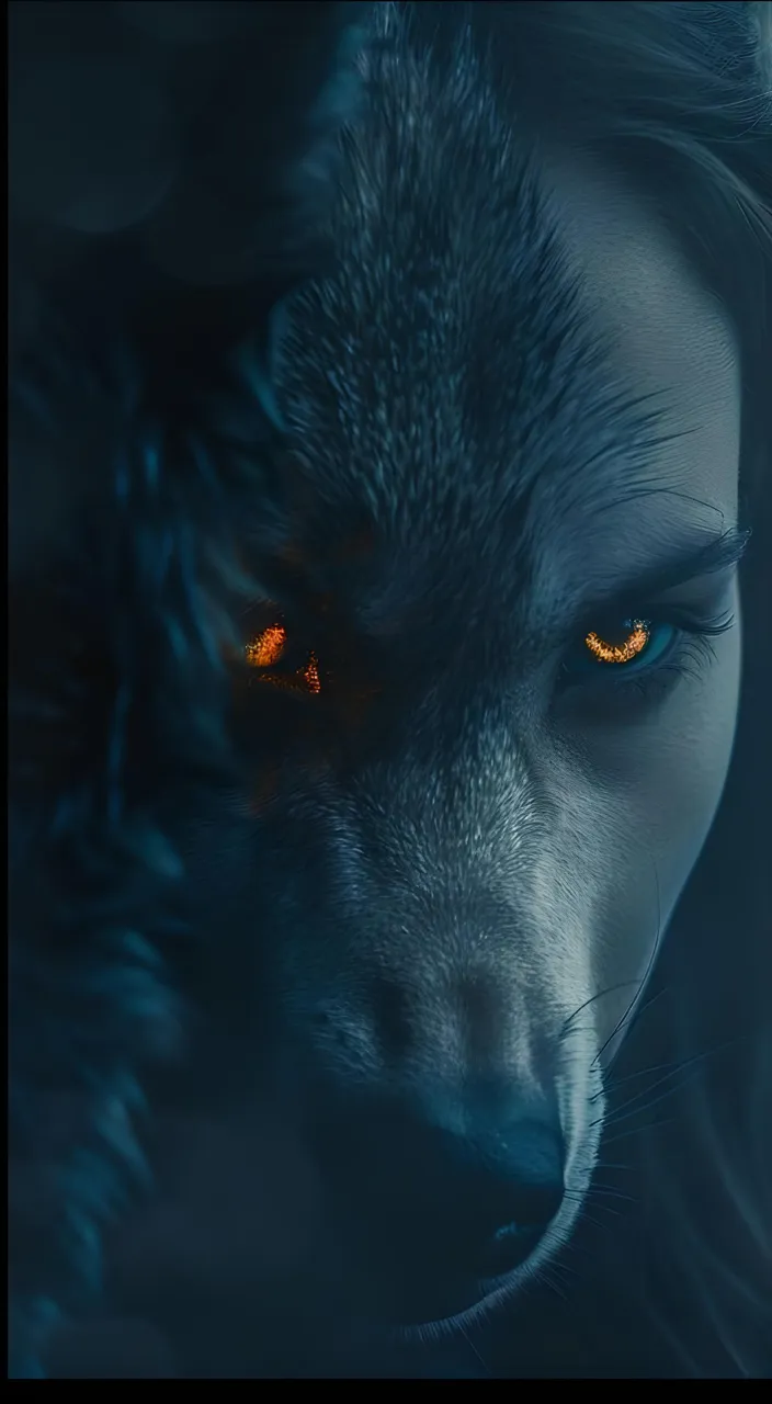 a close up of a wolf's face with glowing orange eyes