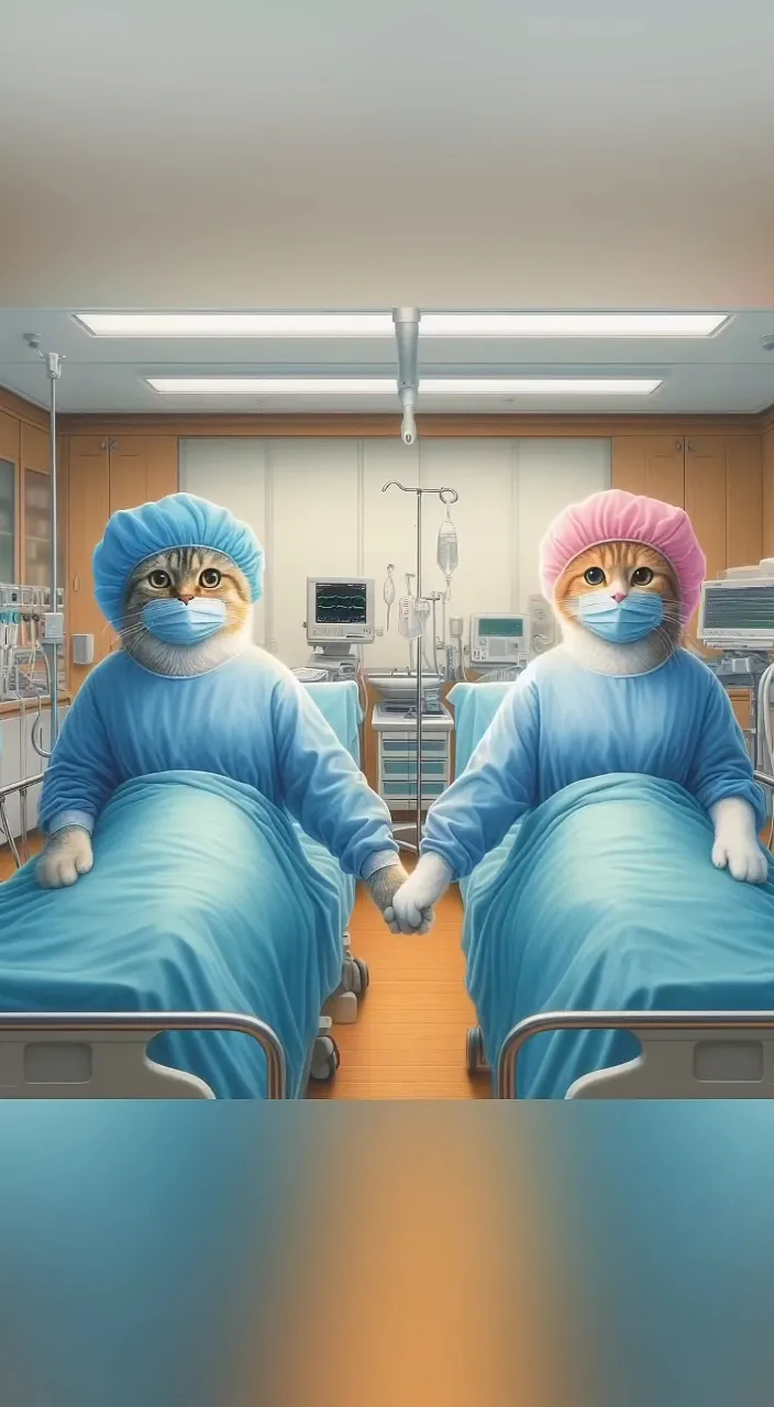 two cats in scrubs in a hospital bed