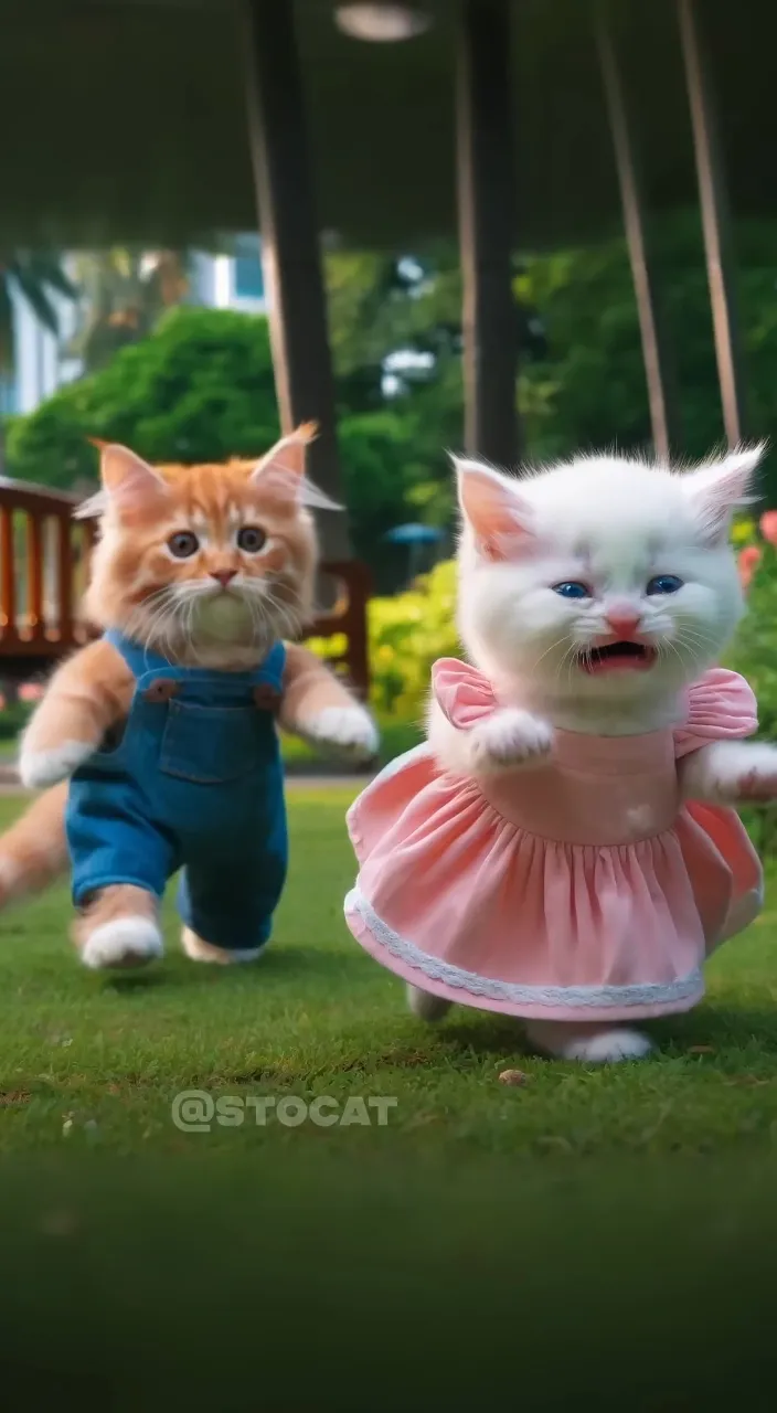 two cats dressed up in costumes running in the grass