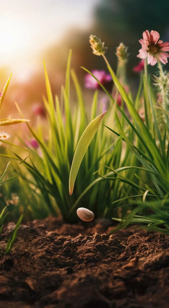 The seed lands softly on a patch of fertile soil, nestled among blades of grass and wildflowers, as the camera zooms in to capture its delicate descent.