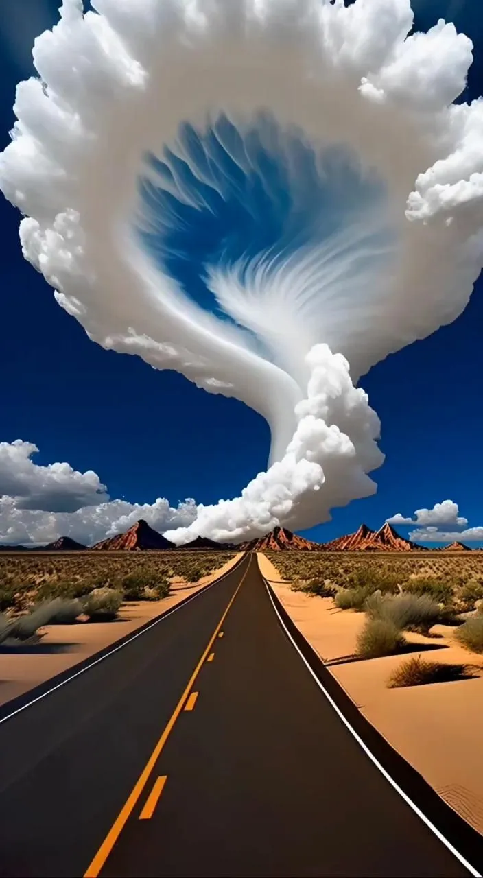 a long road with a large cloud in the middle of it