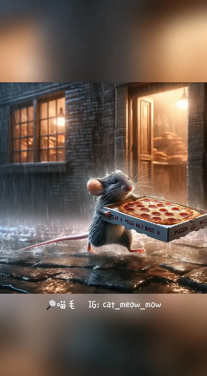 a mouse carrying a box of pizza in the rain