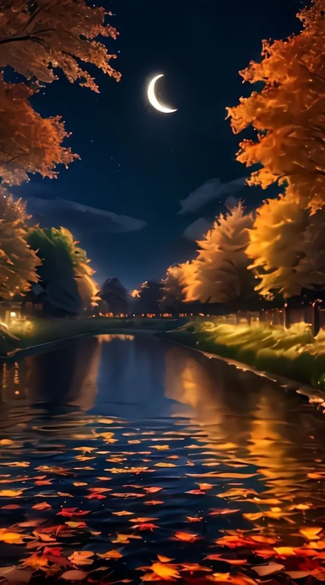 a painting of a river at night with a half moon in the sky