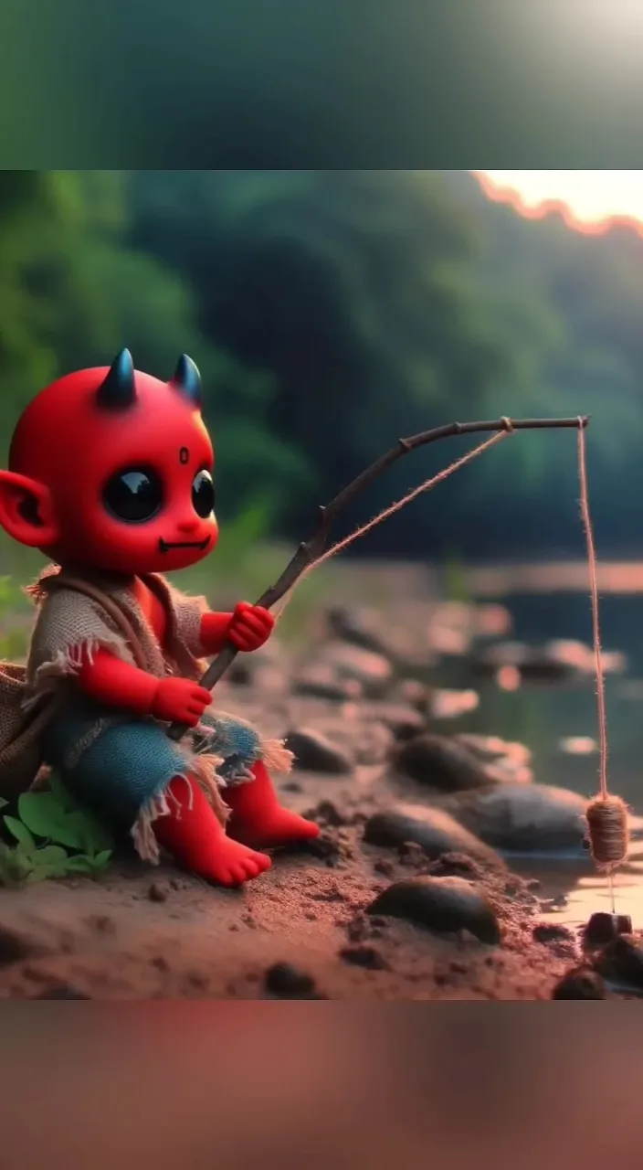 a little red troll sitting on the ground with a fishing pole