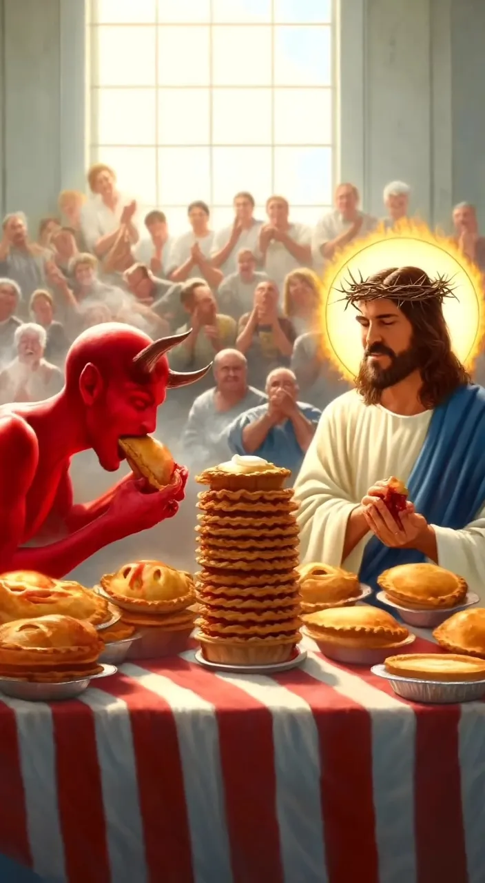 a painting of a man eating food next to a demon