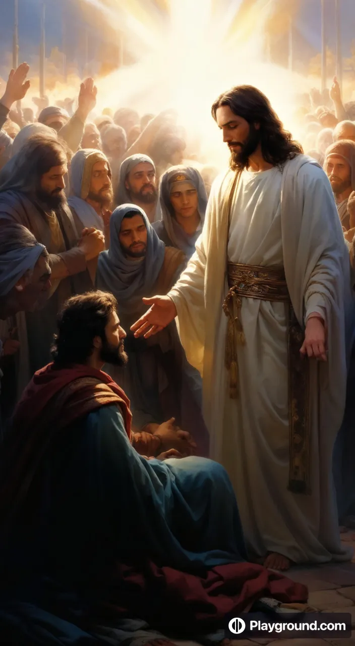 a painting of jesus in the midst of a group of people