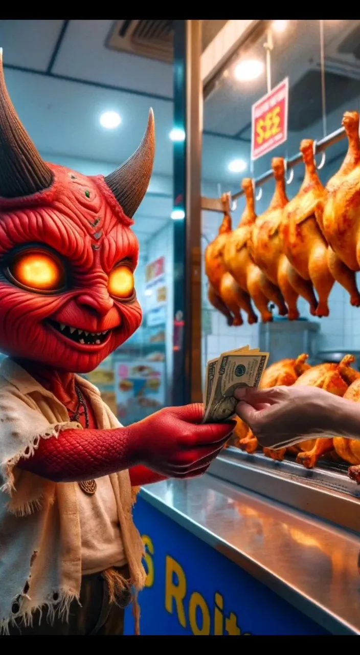 a person in a costume handing money to a demon