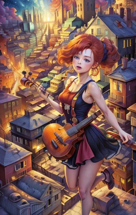 a painting of a girl playing a guitar on a rooftop with the city behind her on a starry night standing on a roof.