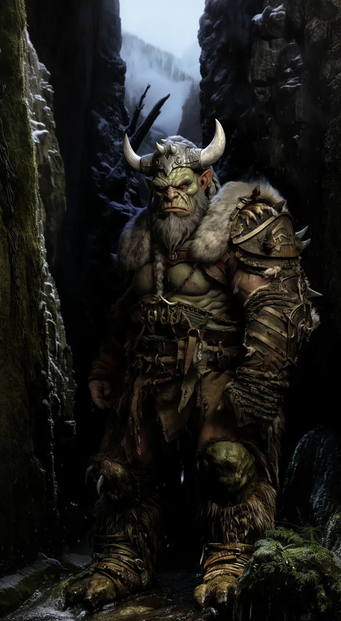 Orc brute grumbling in mountain tunnel