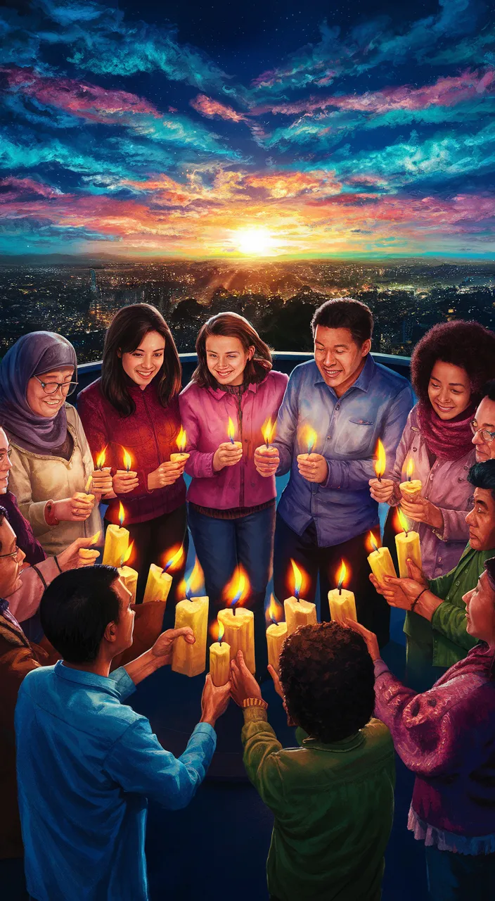 a painting of a group of people holding candles