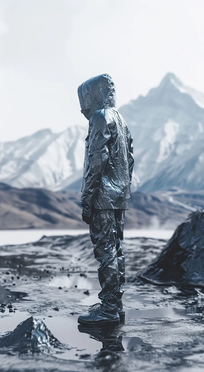 a person standing in a puddle with a mountain in the background